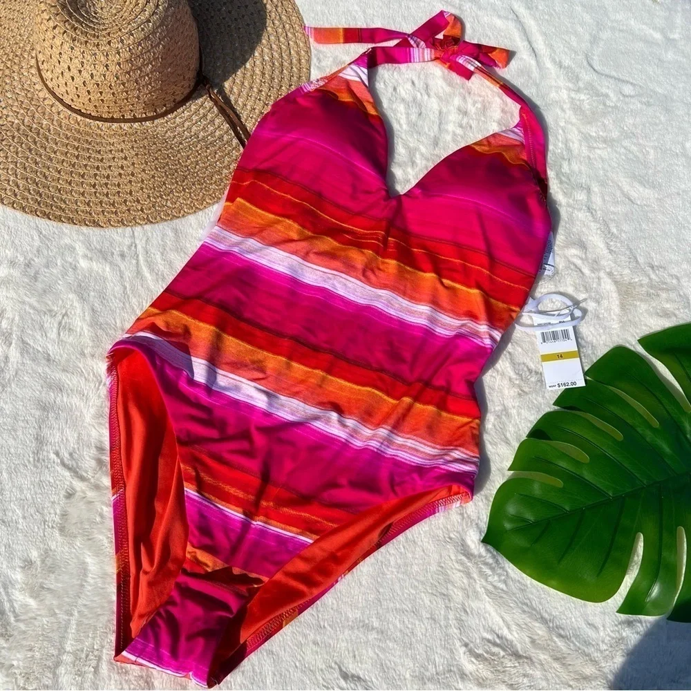 Trina Turk Solstice One Piece Swimsuit Size 14 Pink Orange Stripe Halter NWT